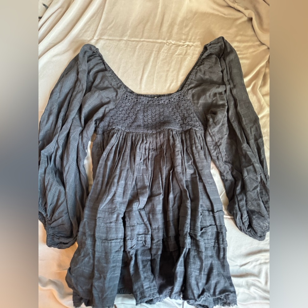 Free People Black Long Puffed Sleeve Mini Dress